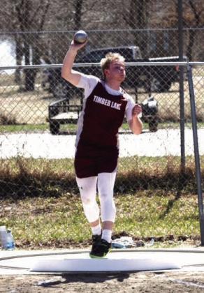 Treyton Du Preez launches the shot put during recent track and field action in Mobridge. Du Preez placed 11th in the shot and 9th in the discus at the Northern Hills Invitational Meet in Belle Fourche last week. Photo by Marie Du Preez