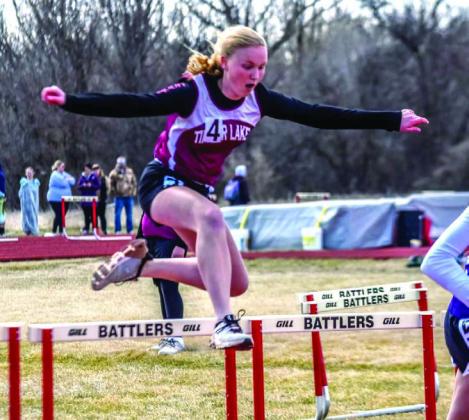 Timber Lake’s Evelyn Gill competes in the hurdles during recent MS/JV track action at Potter County High School in Gettysburg. Courtesy Photo